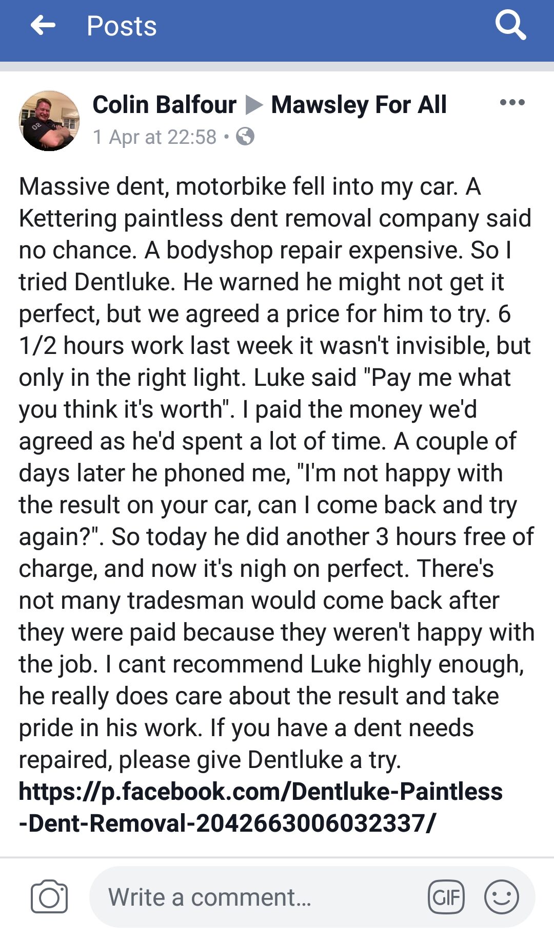 REVIEWS PAINTLESS DENT REMOVAL AND CAR DETAILING   Screenshot 20190416 082443 Facebook E1555416887665 